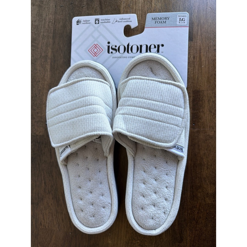 Isotoner Womens Memory Foam Slide Slippers Light Grey Adjustable Strap 08840 LG